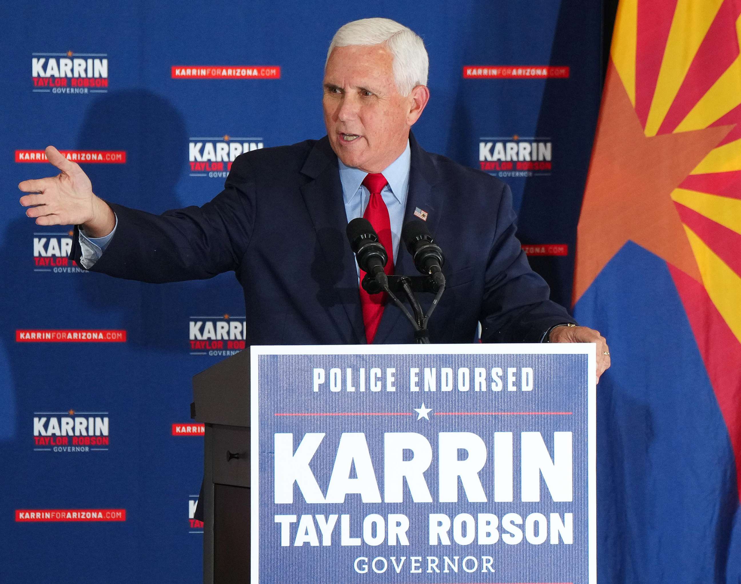 PHOTO: Former Vice President Mike Pence speaks during an event for gubernatorial candidate Karrin Taylor Robson at TYR Tactical in Peoria, Ariz., July 22, 2022.