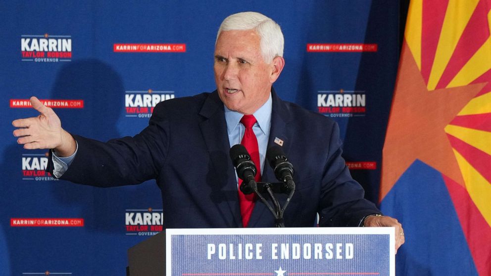 PHOTO: Former Vice President Mike Pence speaks during an event for gubernatorial candidate Karrin Taylor Robson at TYR Tactical in Peoria, Ariz., July 22, 2022.