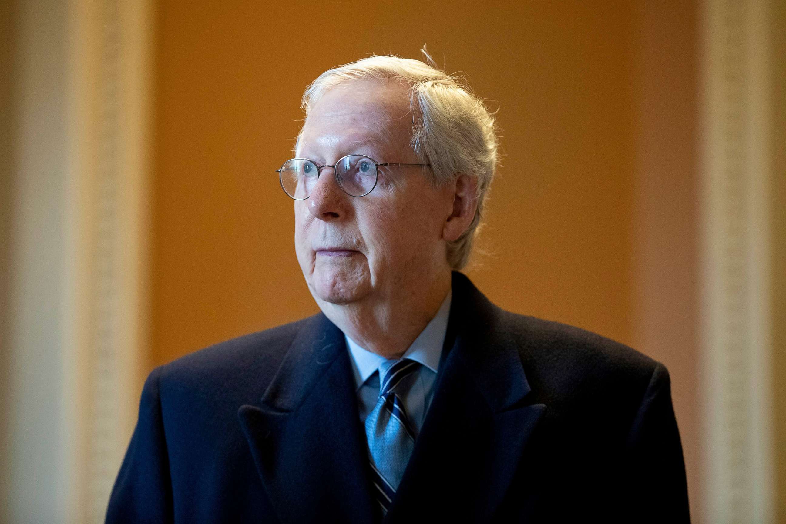 PHOTO: Senate Minority Leader Mitch McConnell speaks to a reporter at the Capitol in Washington, Jan. 19, 2022. 
