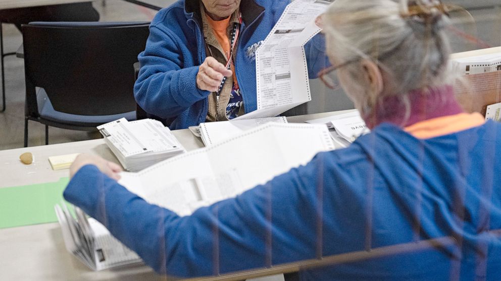 PHOTO: Workers separate ballots at the Clark County Elections Department in North Las Vegas, Nov. 4, 2022.