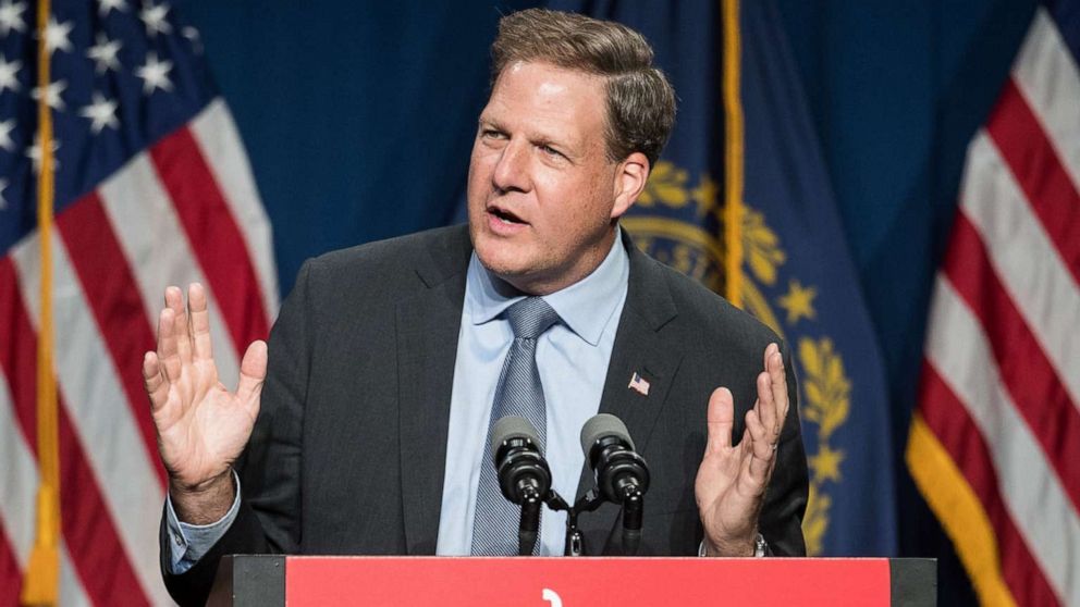 PHOTO: New Hampshire Governor Chris Sununu speaks during a dinner in Manchester, N.H., June 3, 2021.