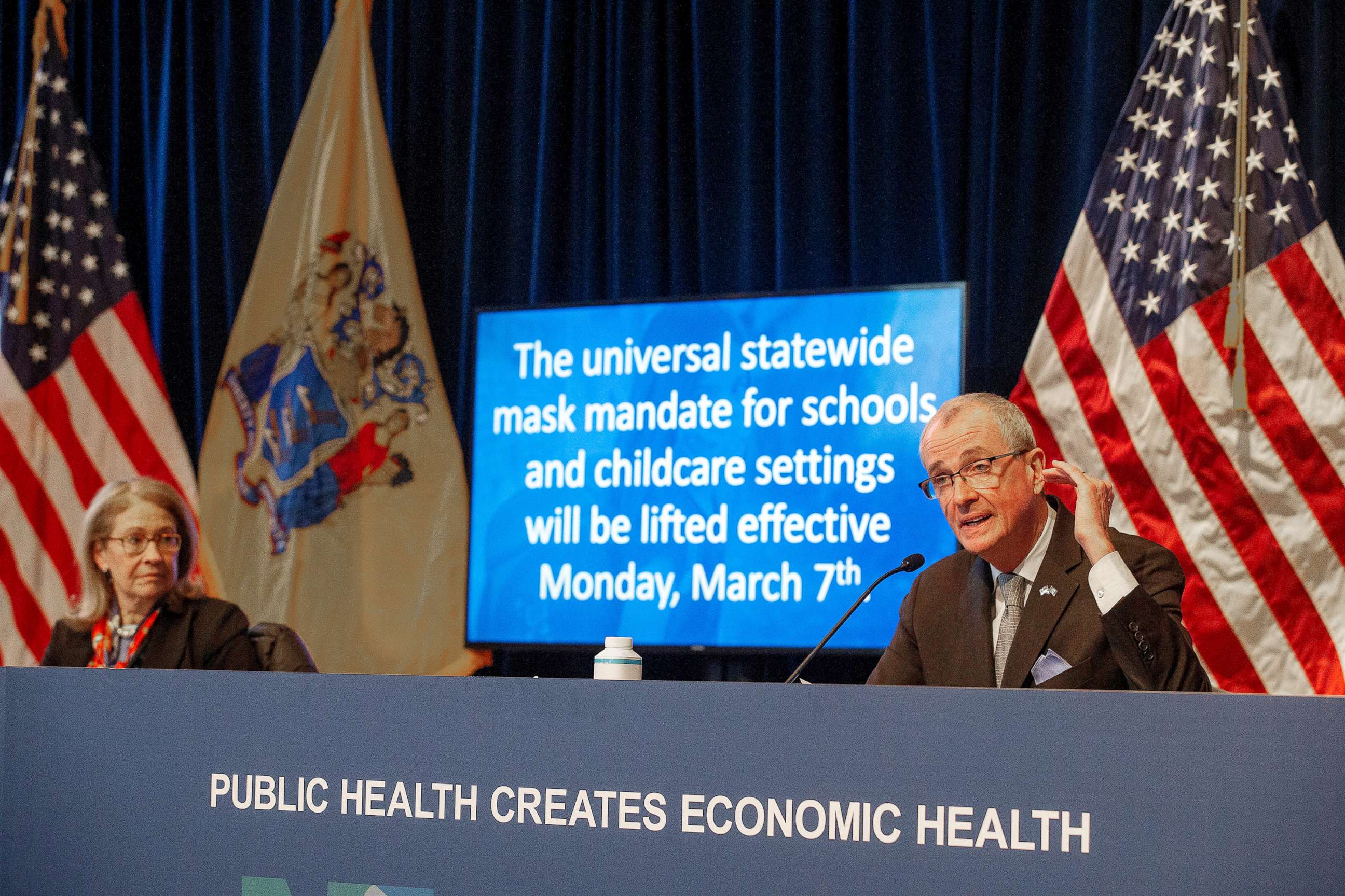 PHOTO: Governor Phil Murphy announces that masks will no longer be mandated for students, staff, or visitors in schools and childcare centers effective March 7 during a coronavirus briefing in Trenton, N.J., Feb. 7, 2022.
