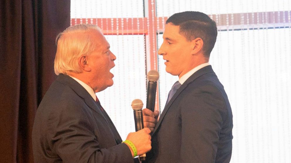 PHOTO: Mike Gibbons and Josh Mandel exchange heated arguments at the FreedomWorks Forum for Ohio's Republican Senate Candidates in Columbus, Ohio, March 18, 2022. 