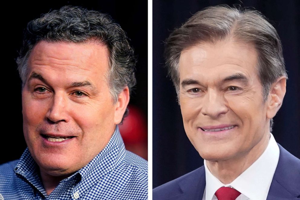 PHOTO: Pennsylvania Republican Senate candidates David McCormickand Mehmet Oz during are seen in a composite image from their campaign appearances in Pennsylvania, May 2022.