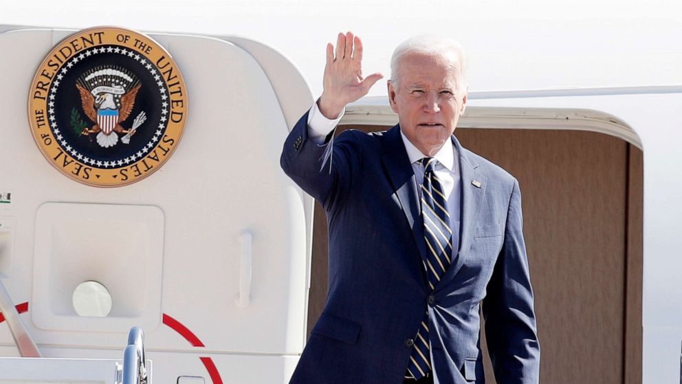 PHOTO: President Joe Biden waves before boarding Air Force One at Andrews Air Force Base, Md., March 11, 2022.