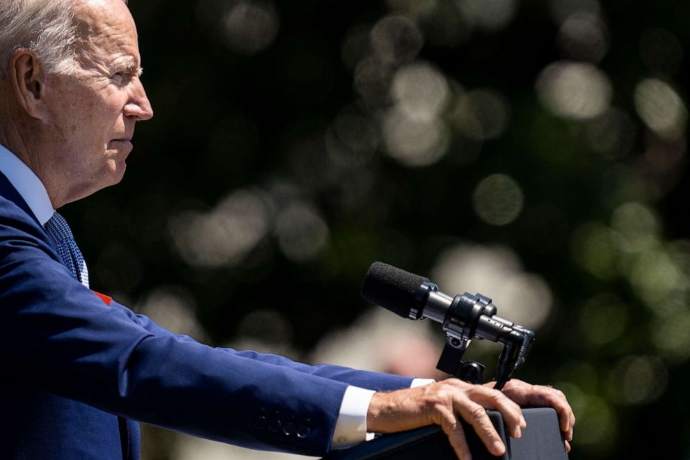 PHOTO: President Joe Biden delivers remarks during an event commemorating the of the passage of the Bipartisan Safer Communities Act on the South Lawn of the White House in Washington, July 11, 2022. 