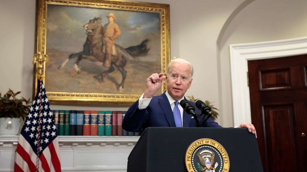 PHOTO: President Joe Biden gestures as he gives remarks on providing additional support to Ukraine's war efforts against Russia from the Roosevelt Room of the White House on April 28, 2022.