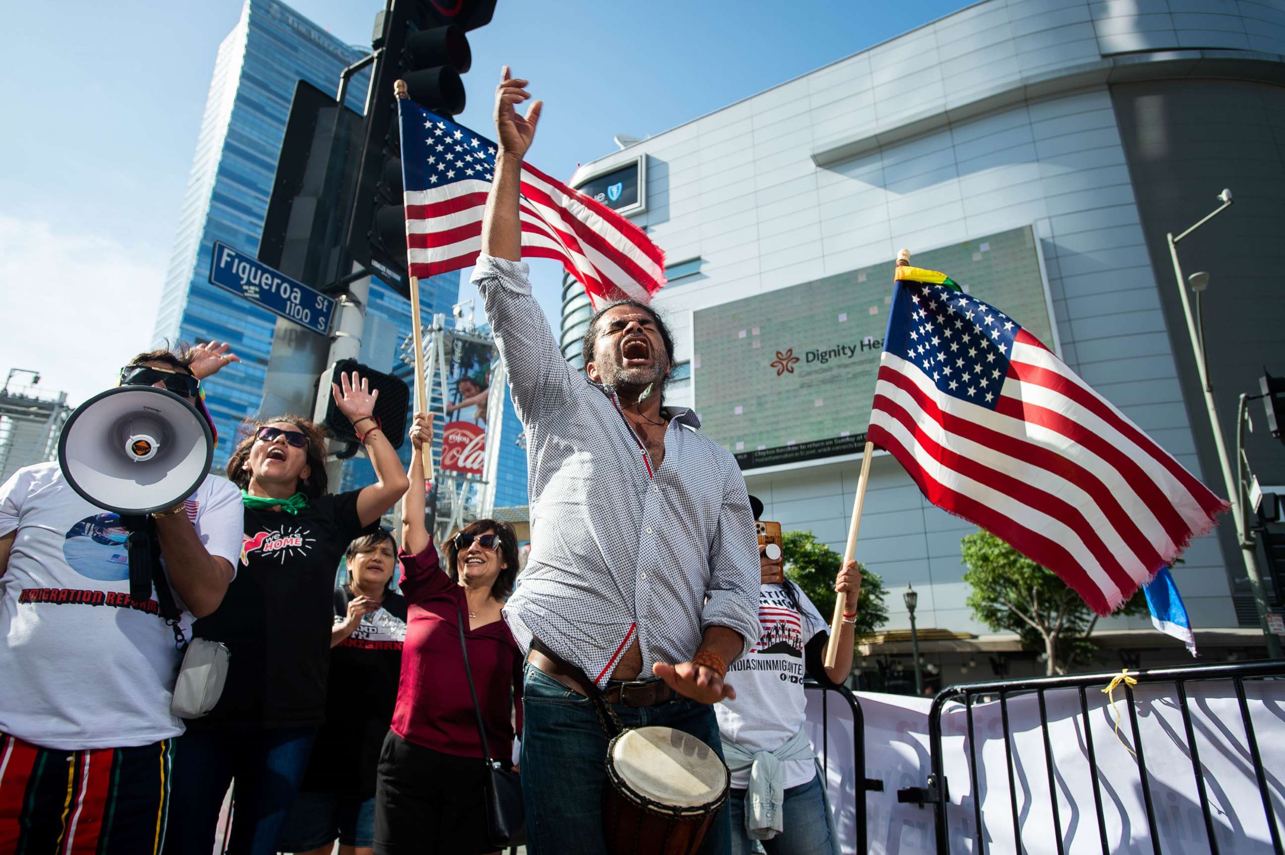 PHOTO: Omar Gomez joins a protest for immigration reform outside Summit of the Americas at the Los Angeles Convention Center in Los Angeles, June 8, 2022. 