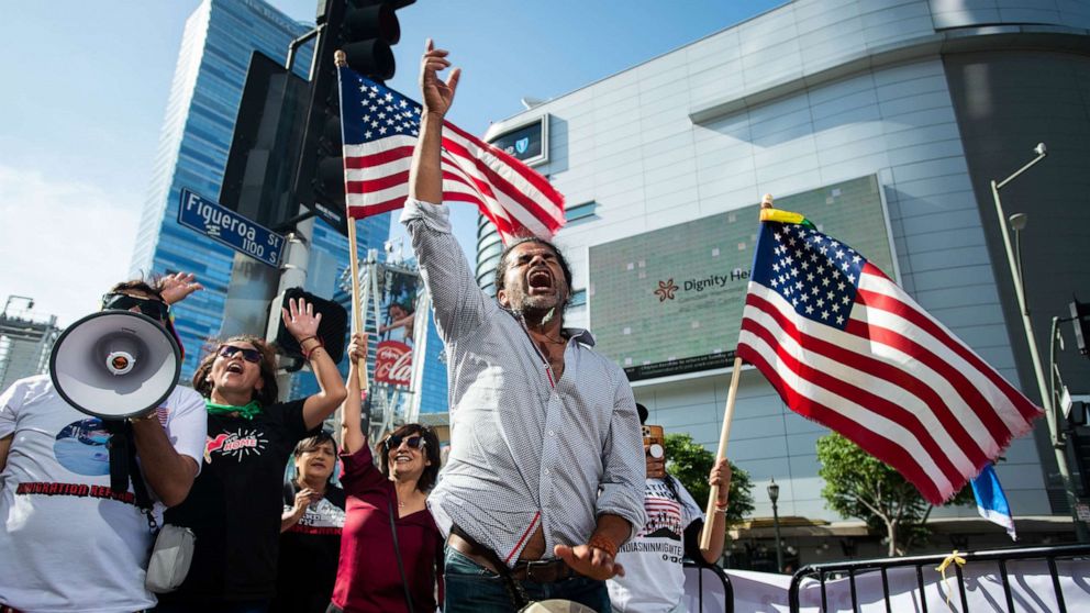 PHOTO: Omar Gomez joins a protest for immigration reform outside Summit of the Americas at the Los Angeles Convention Center in Los Angeles, June 8, 2022. 