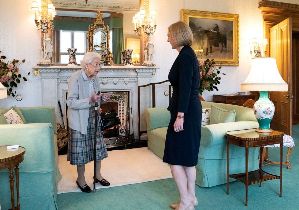 PHOTO: Queen Elizabeth greets newly elected leader of the Conservative party Liz Truss as she arrives for an audience where she will be invited to become Prime Minister and form a new government, Balmoral Castle in Aberdeen, Scotland, Sept. 6, 2022.