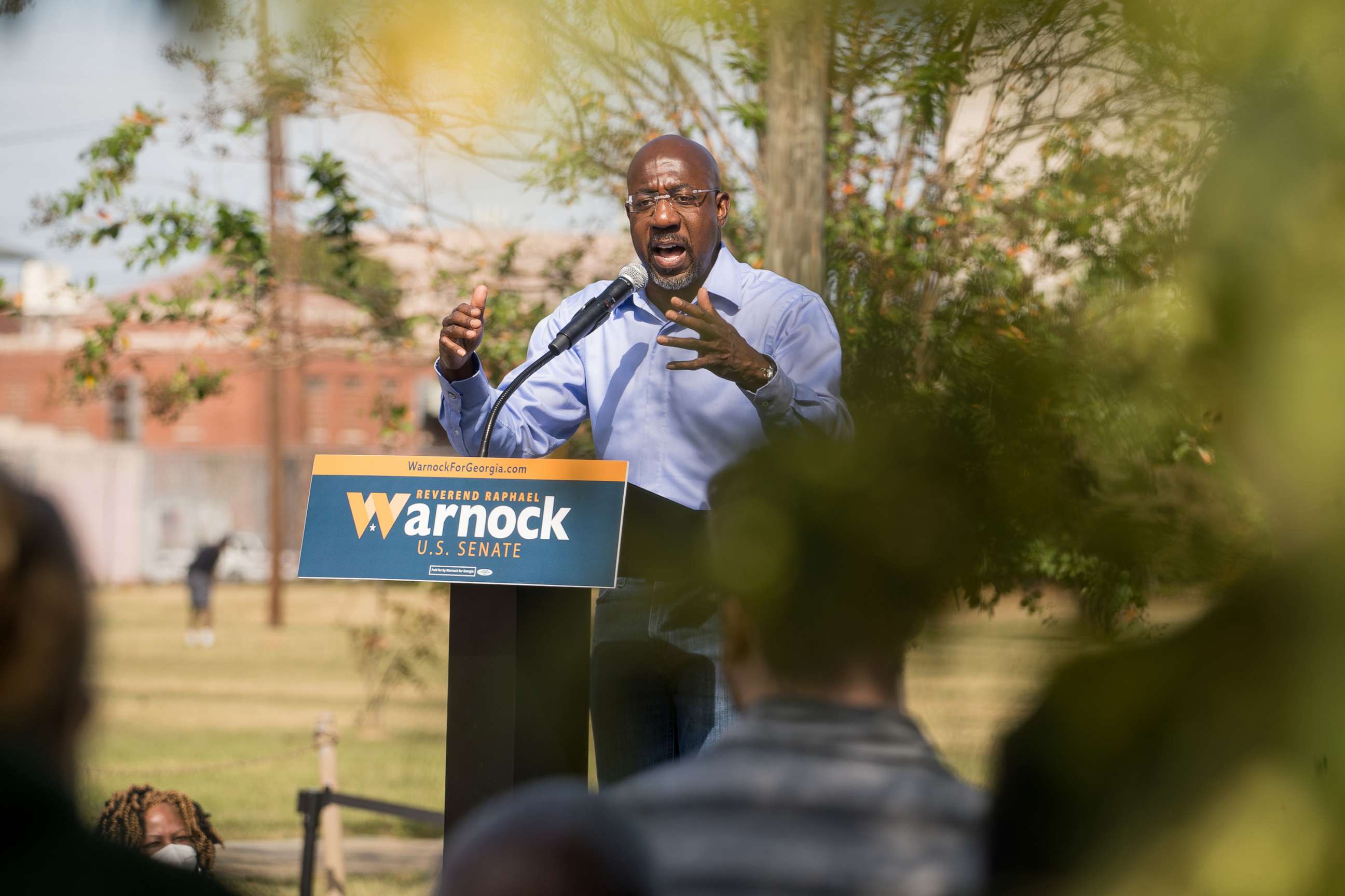 PHOTO: Senator Rev. Raphael Warnock speaks to supporters during his campaign tour in Columbus, Ga., Oct. 8, 2022.