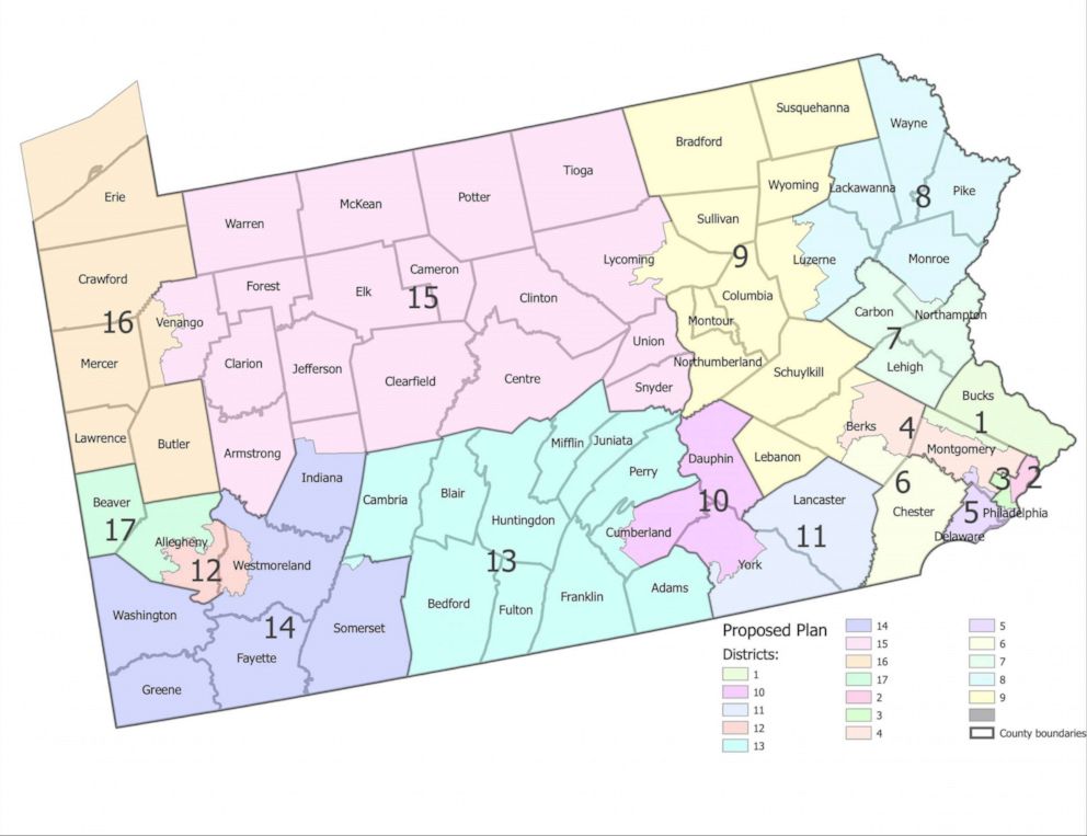 PHOTO: A new map of congressional districts provided by the Supreme Court Of Pennsylvania is shown, Feb. 23, 2022.