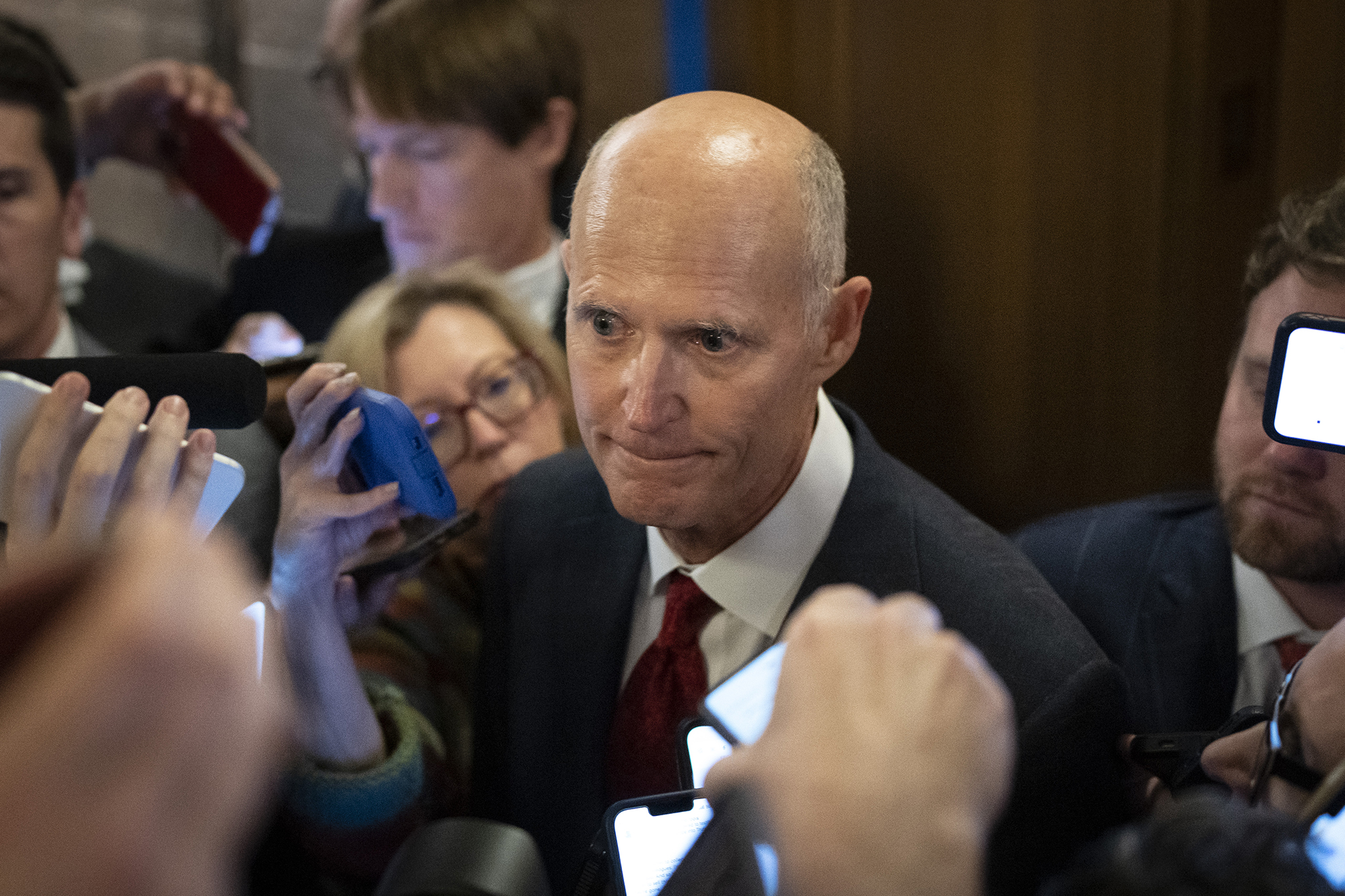 PHOTO: Sen. Rick Scott talks to reporters after meeting with Senate Republicans at the U.S. Capitol on Nov. 15, 2022.
