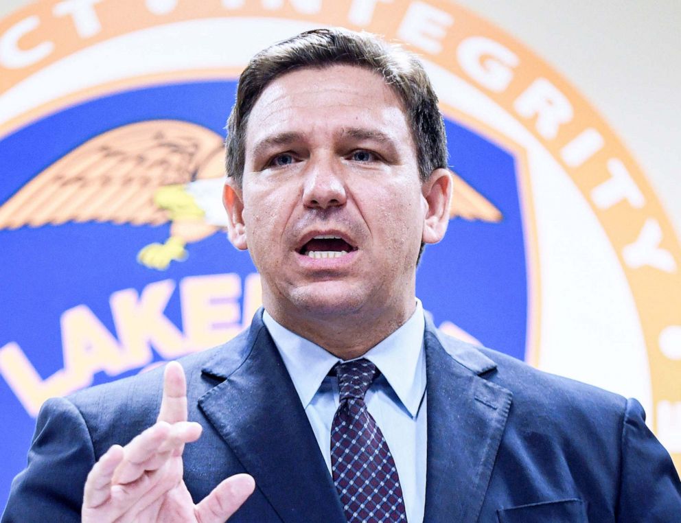 PHOTO: Florida Governor Ron DeSantis speaks at a press conference at the Police Department in Lakeland, Fla., Sept. 7, 2021.