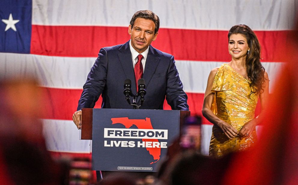 PHOTO: Republican gubernatorial candidate for Florida Gov. Ron DeSantis speaks during an election night watch party at the Convention Center in Tampa, Fla., on Nov. 8, 2022. 