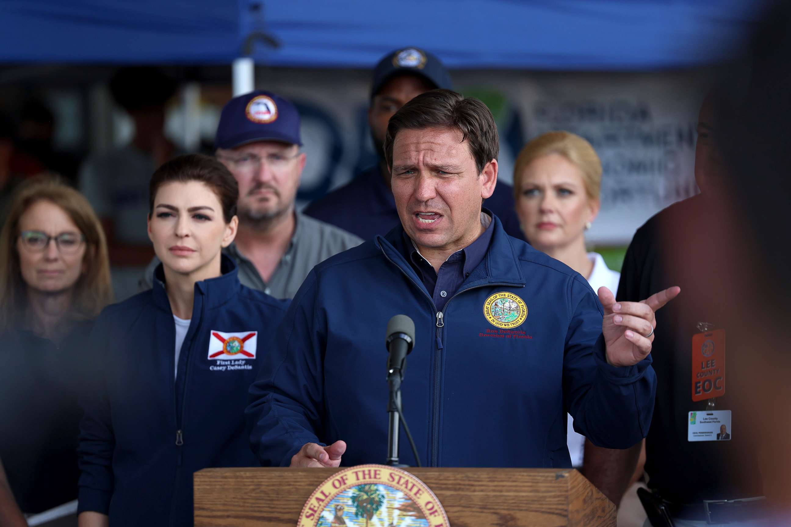 PHOTO: Florida Governor Ron DeSantis speaks during a press conference to update information about the on ongoing efforts to help people after hurricane Ian passed through the area in Cape Coral, Fla., Oct. 4, 2022. 