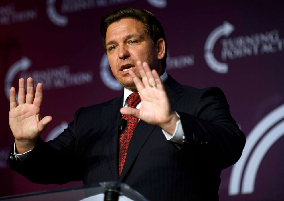 PHOTO: Florida Gov. Ron DeSantis speaks at the Unite and Win rally in support of Pennsylvania Republican gubernatorial candidate Doug Mastriano in Pittsburgh, Pa., on August 19, 2022.