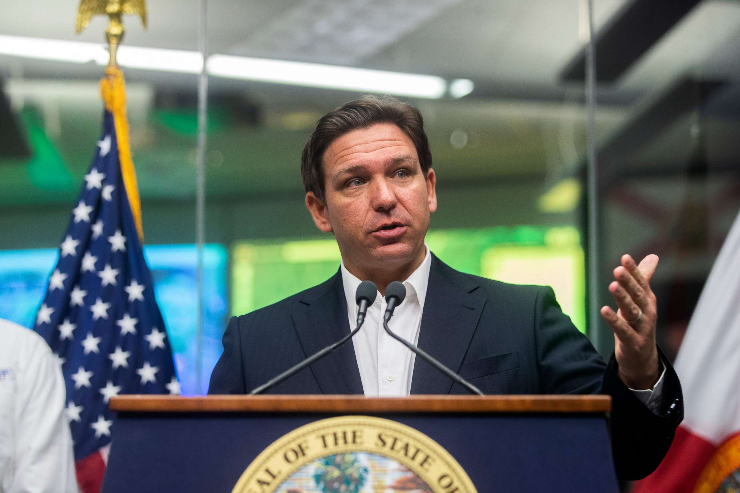 PHOTO: Florida Gov. Ron DeSantis speaks at a press conference about updates and preparations for Hurricane Ian at the State Emergency Operations Center  in Tallahassee, Fla., Sept. 27, 2022.