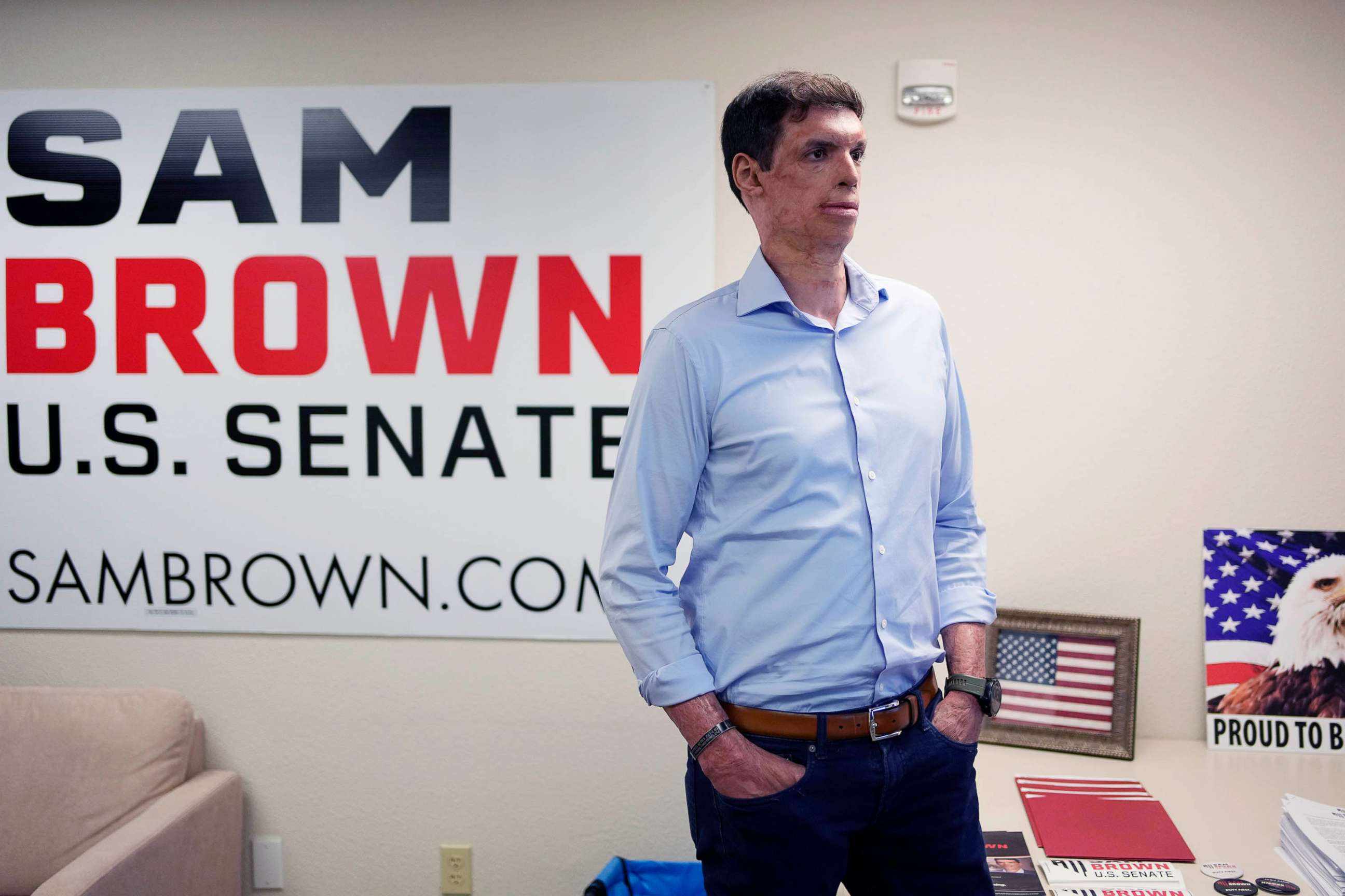 PHOTO: Nevada Republican Senate hopeful Sam Brown stands in a campaign office in Las Vegas, June 14, 2022.