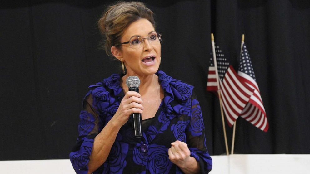 PHOTO: Sarah Palin, a Republican seeking the sole U.S. House seat in Alaska, addresses supporters in Anchorage, Alaska, June 2, 2022.