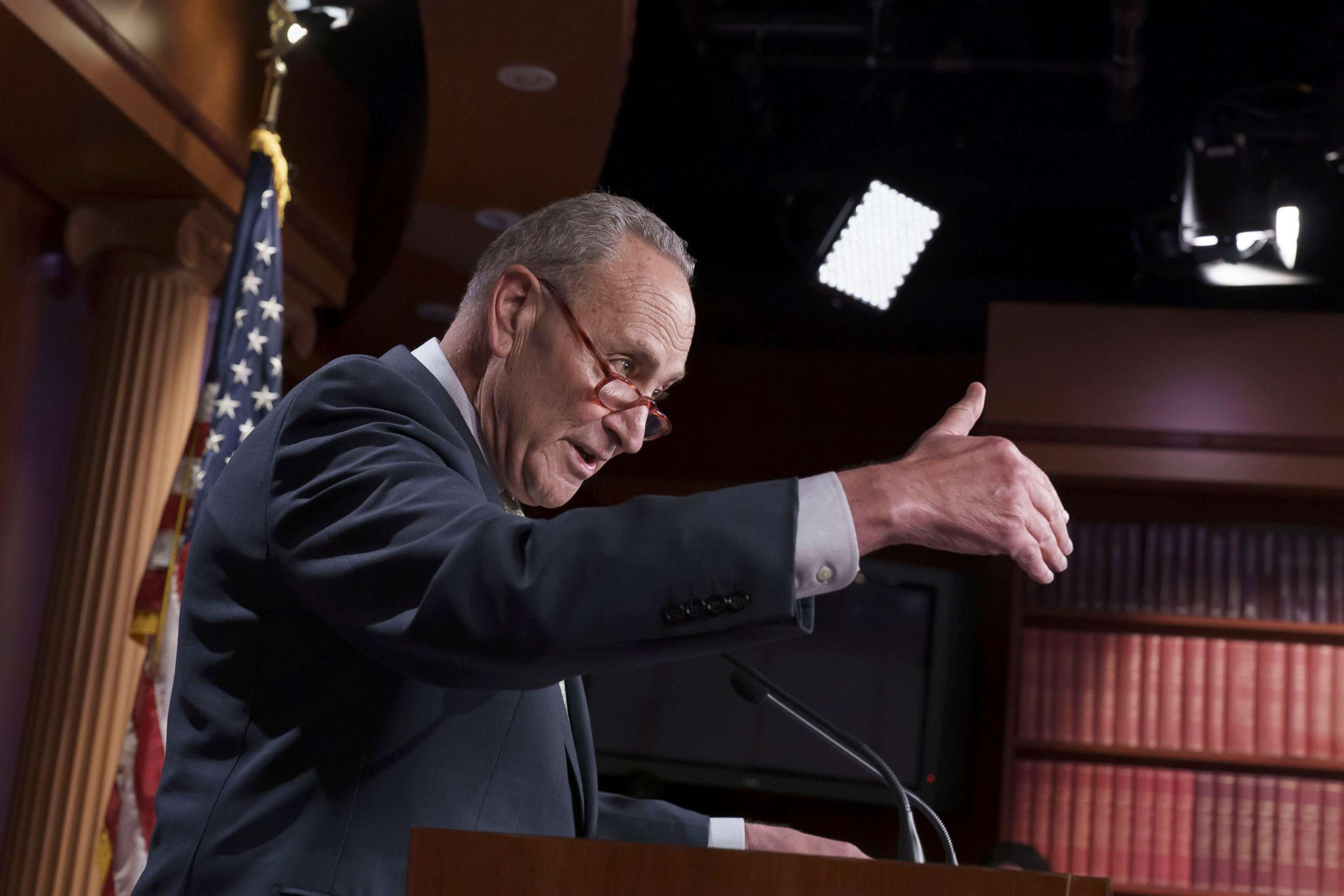 PHOTO: Senate Majority Leader Chuck Schumer talks to reporters at the Capitol in Washington,, July 28, 2022. 