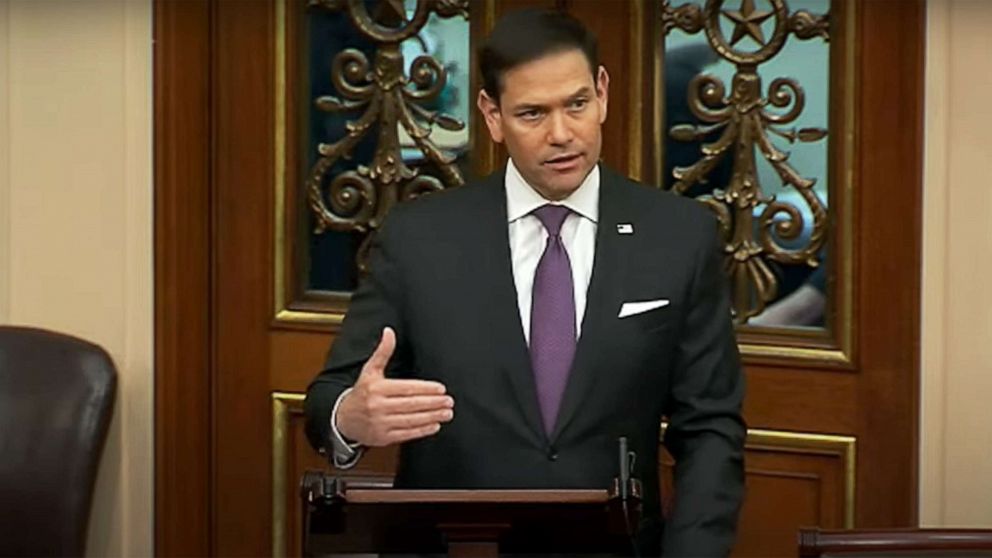 PHOTO: Senator Marco Rubio speaks in support of the "Sunshine bill" which makes Daylight Savings time permanent on the floor of the Senate in Washington, March 15, 2022.