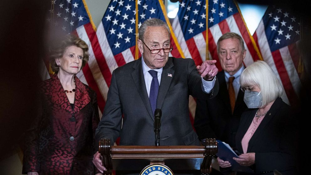 PHOTO: Senate Majority Leader Chuck Schumer, with other Democratic leaders, takes a question during a news conference in Washington, May 18, 2022.