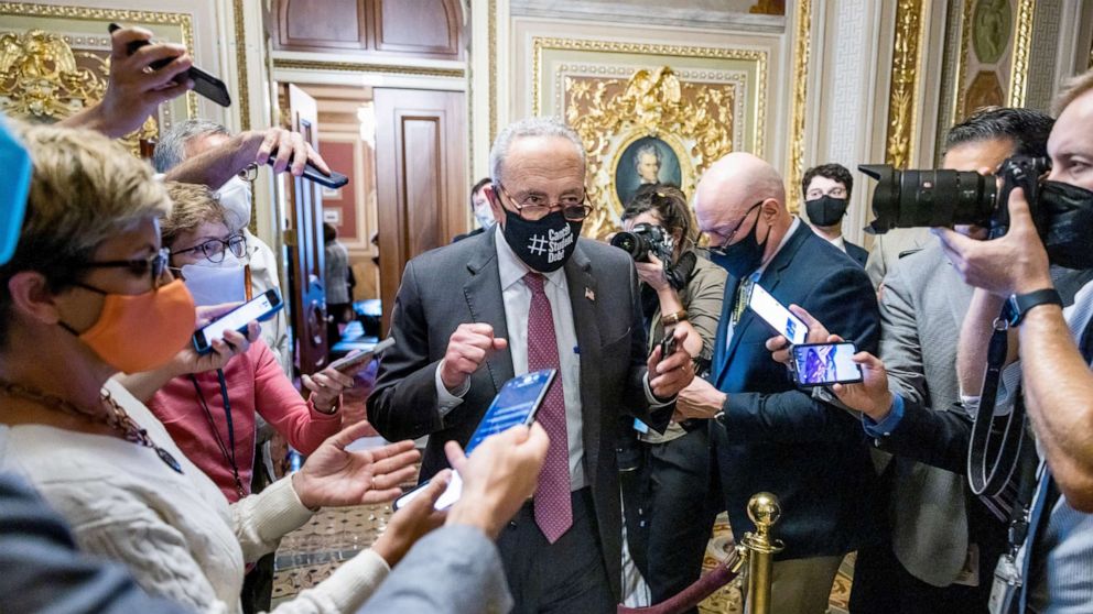 PHOTO: Democratic Senate Majority Leader Chuck Schumer leaves a meeting with other Democrats about raising the debt limit in Washington, Oct. 6, 2021.