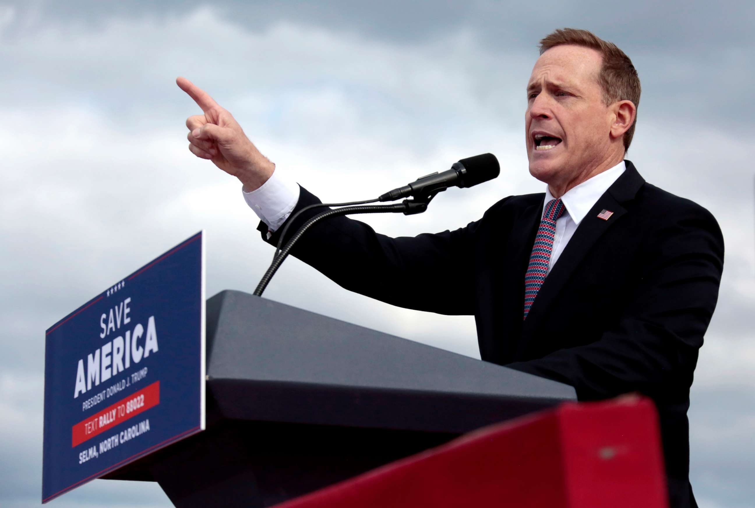 PHOTO: Ted Budd addresses the crowd at a rally in Selmam N.C., April 9, 2022.