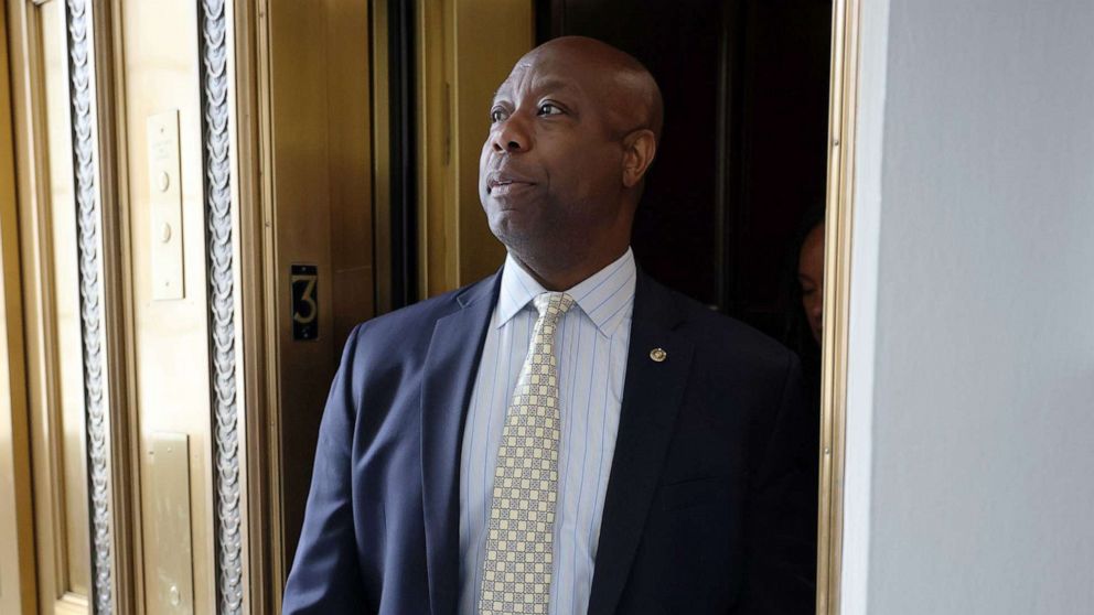 PHOTO: Sen. Tim Scott speaks to reporters as he leaves the weekly Republican policy luncheons on Capitol Hill on May 25, 2021.