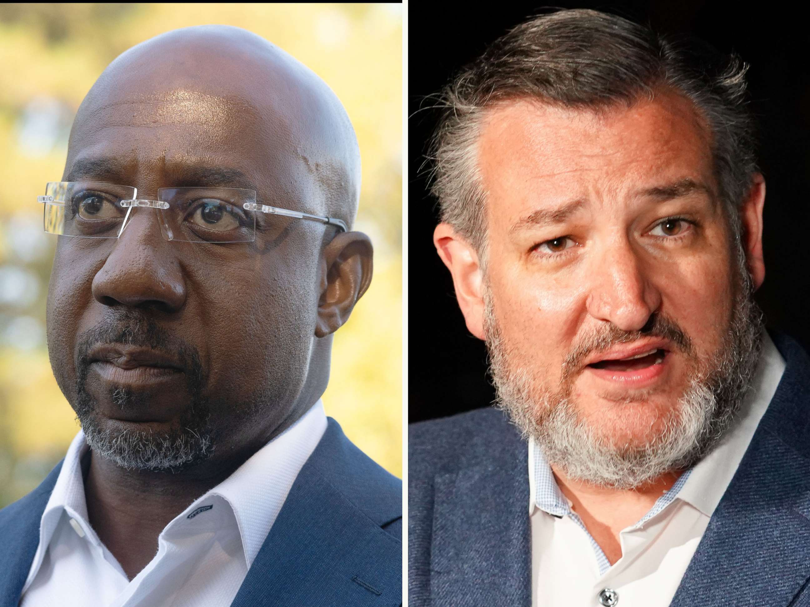 PHOTO: Raphael Warnock and Ted Cruz are pictured in composited images.