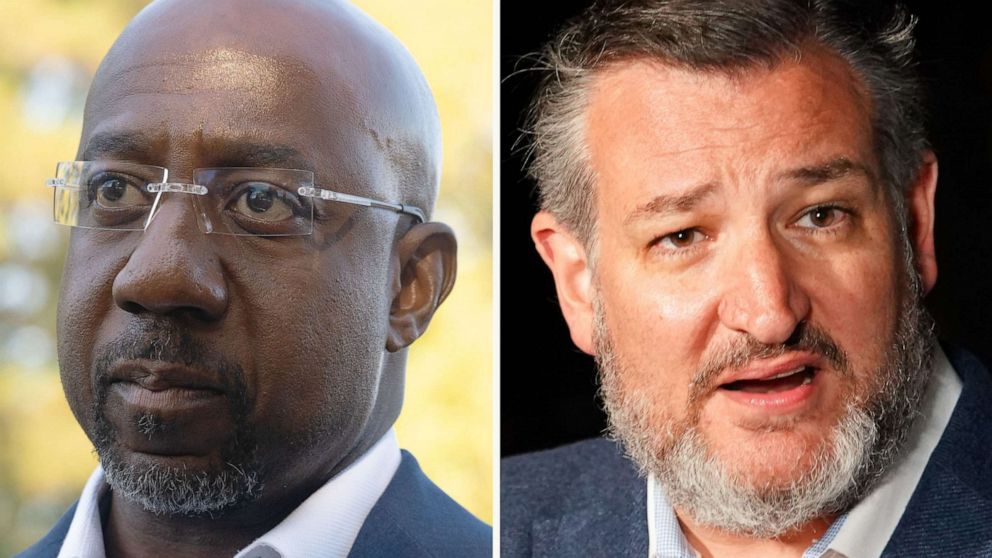 PHOTO: Raphael Warnock and Ted Cruz are pictured in composited images.
