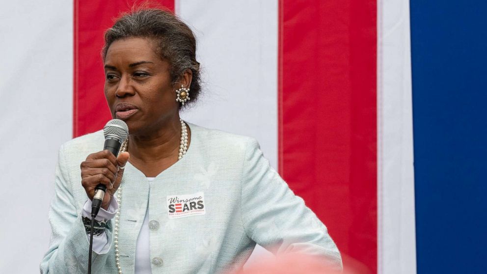PHOTO: Winsome Sears, Republican lieutenant governor candidate for Virginia, speaks during a campaign stop in Chantilly, Va., Oct. 30, 2021. 