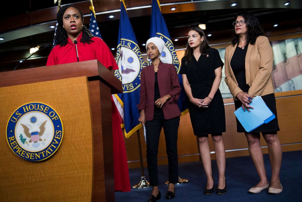 PHOTO: In this July 15, 2019, file photo, Reps. Ayanna Pressley, Ilhan Omar, Alexandria Ocasio-Cortez, and Rashida Tlaib, conduct a news conference in the Capitol Visitor Center.