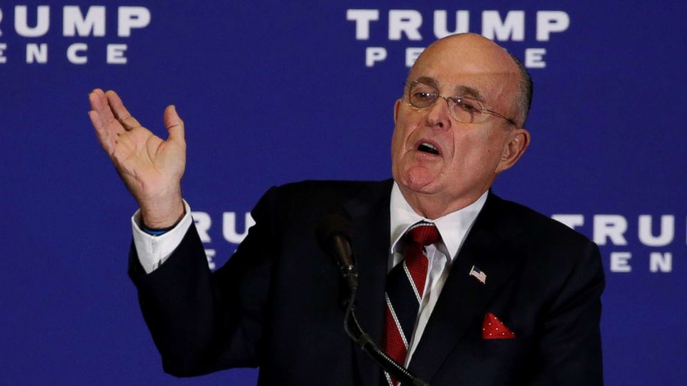 Former New York mayor Rudy Giuliani introduces Republican Presidential nominee Donald Trump to deliver remarks at a campaign event in Gettysburg, Pennsylvania, Oct. 22, 2016. 