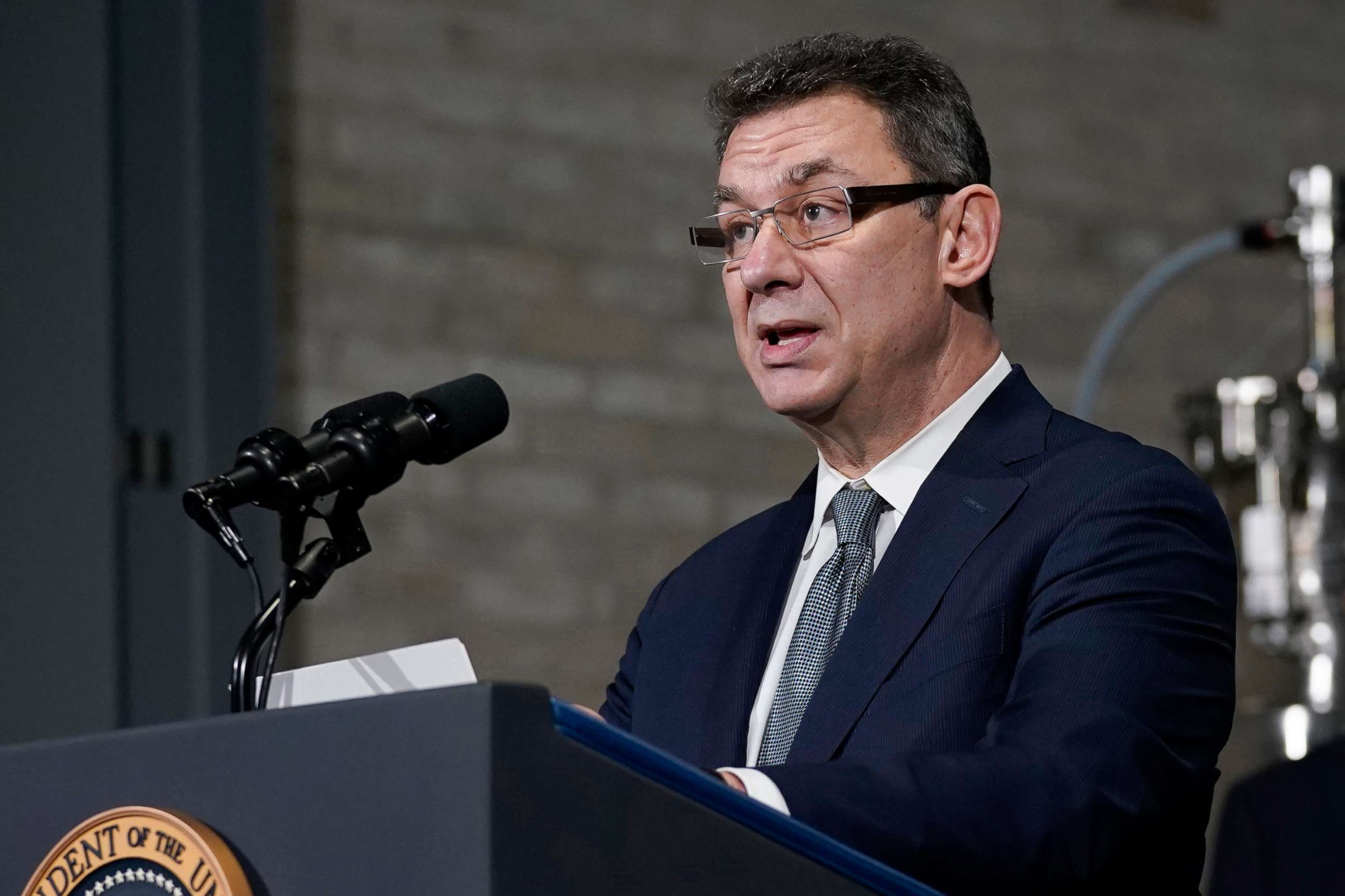 PHOTO: CEO Albert Bourla speaks at a Pfizer manufacturing site, in Portage, Mich., Feb. 19, 2021.