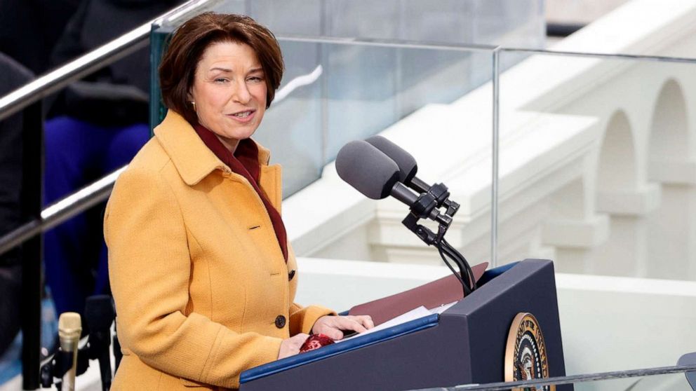 PHOTO: Sen. Amy Klobuchar speaks during the inauguration of Joe Biden as the 46th President of the United States on the West Front of the Capitol, Jan. 20, 2021.