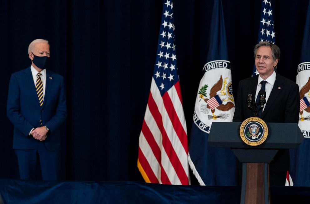 PHOTO: Secretary of State Antony Blinken introduces President Joe Biden for remarks to State Department staffin Washington, Feb. 4, 2021.