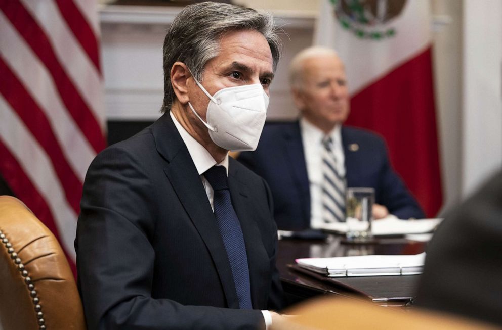 PHOTO: Antony Blinken, U.S. secretary of state, listens while President Joe Biden meets virtually with Andres Manuel Lopez Obrador, Mexico's president in the Roosevelt Room of the White House, March 1, 2021.