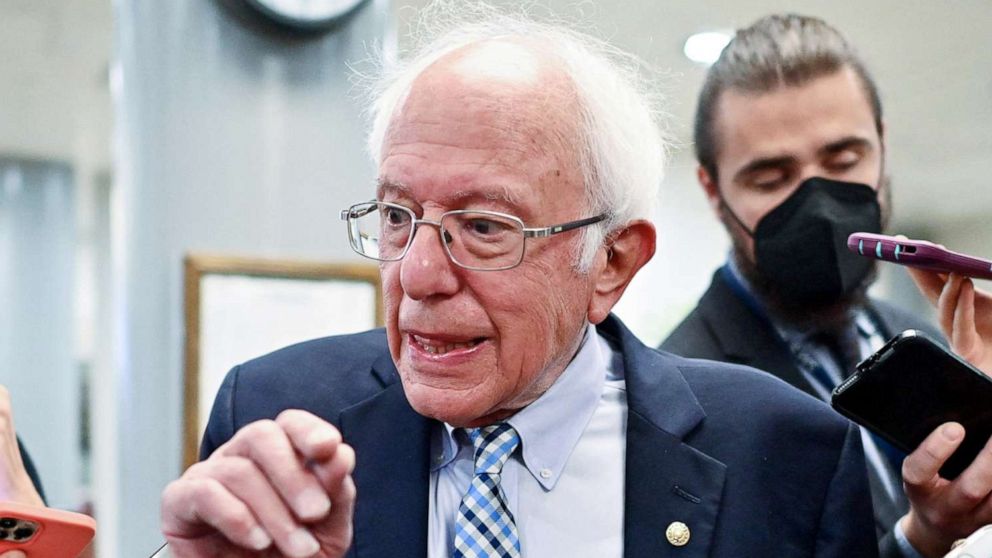 PHOTO: Senator Bernie Sanders speaks to reporters as he arrives at the Capitol in Washington, Sept. 30, 2021.