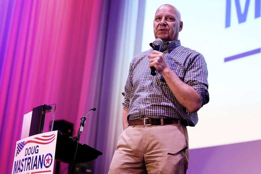 PHOTO: Pennsylvania Republican gubernatorial candidate Doug Mastriano speaks during a campaign rally in Warminster, Pa., May 14, 2022.