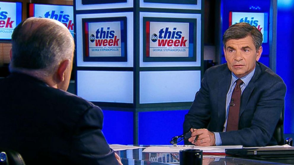 PHOTO: ABC News Chief Anchor George Stephanopoulos interviews Rudy Giuliani on "This Week," June 3, 2018.