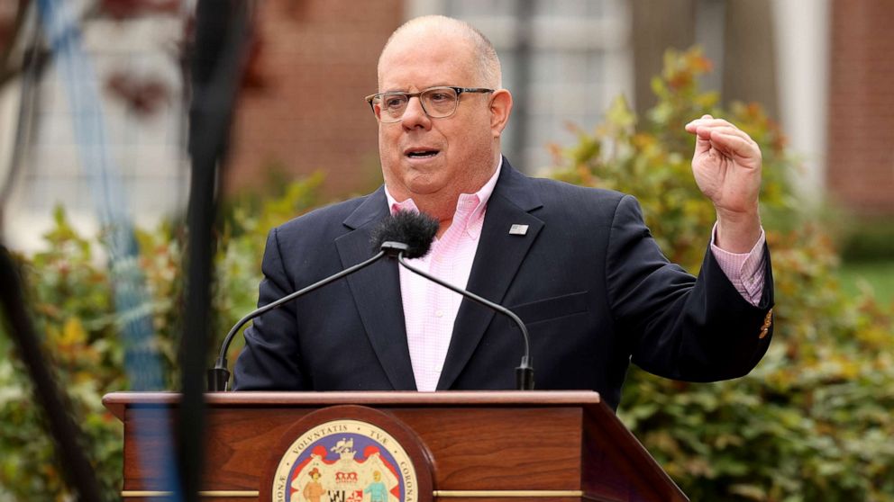 PHOTO: Maryland Governor Larry Hogan talks to reporters during a news briefingin front of the Maryland State House in Annapolis, Md., April 17, 2020.