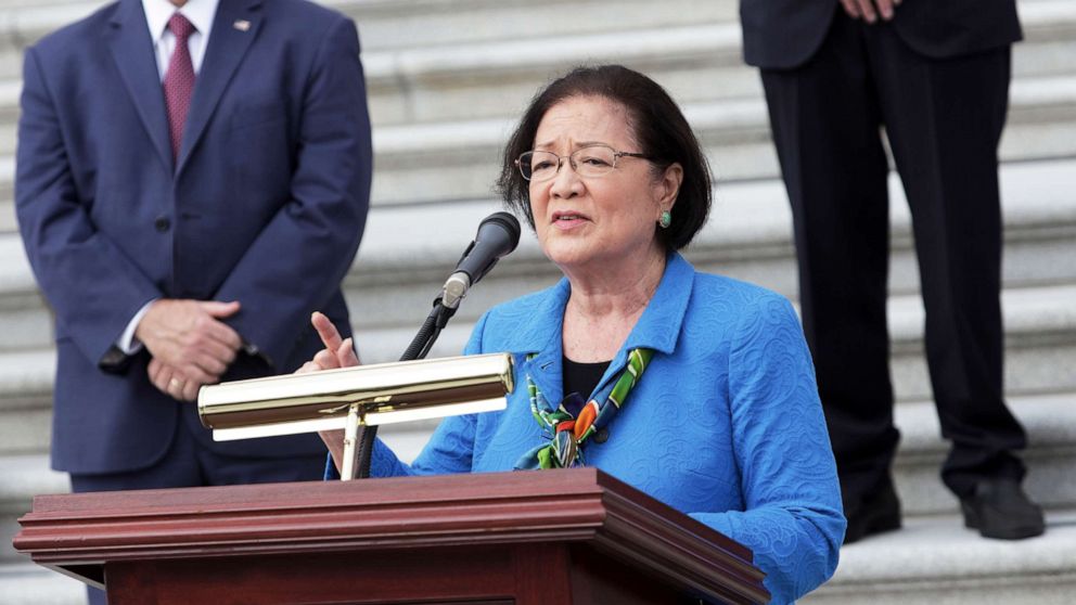 PHOTO: Sen. Mazie Hirono speaks during a news conference in front of the Capitol, Oct. 22, 2020. 