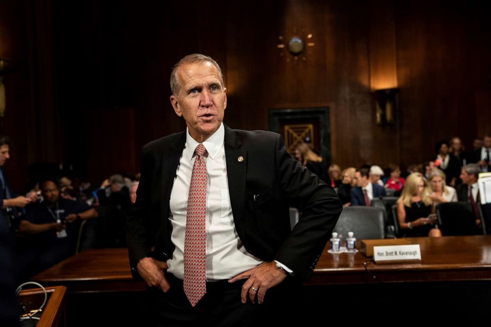 PHOTO: In this Sept. 27, 2018, file photo, Sen. Thom Tillis stands during a break in a hearing on Capitol Hill in Washington D.C.