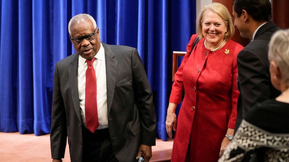 PHOTO: Supreme Court Justice Clarence Thomas and his wife Virginia Thomas arrive at the Heritage Foundation, Oct. 21, 2021, in Washington, D.C.