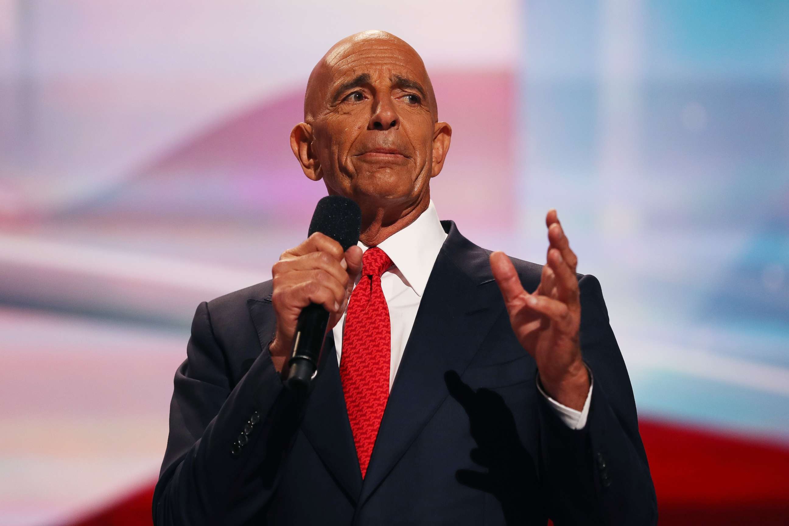 PHOTO: Thomas Barrack delivers a speech on the fourth day of the Republican National Convention on July 21, 2016, at the Quicken Loans Arena in Cleveland, Ohio.