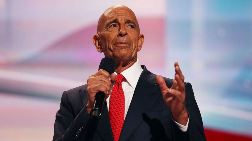 PHOTO: Thomas Barrack delivers a speech on the fourth day of the Republican National Convention on July 21, 2016, at the Quicken Loans Arena in Cleveland, Ohio.