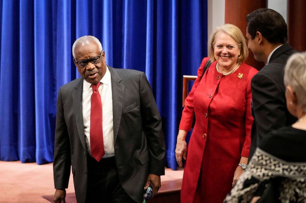 PHOTO: Associate Supreme Court Justice Clarence Thomas and his wife Virginia Thomas arrive at the Heritage Foundation, Oct. 21, 2021, in Washington, D.C. 