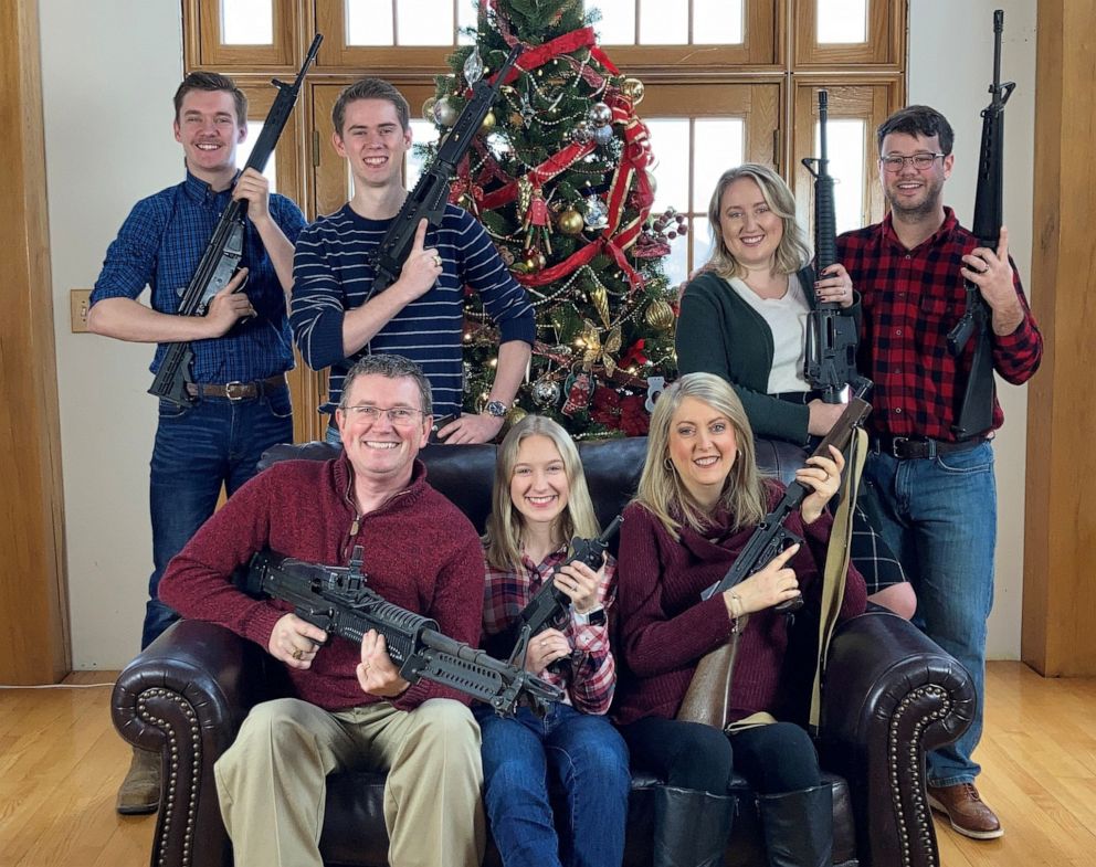 PHOTO: In this image posted on Dec. 4, 2021, to Rep. Thomas Massie's Twitter account, Massie appears in a Christmas photo with his family, with everyone holding a gun.